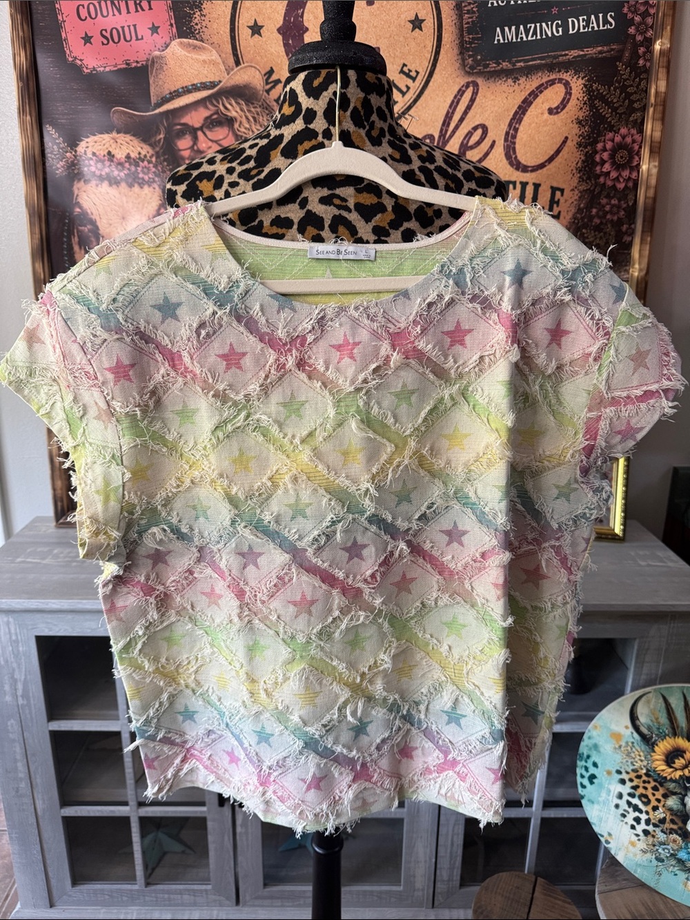 See & Be Seen Pastel Star Short Sleeve Top - Multicolor Sze Large